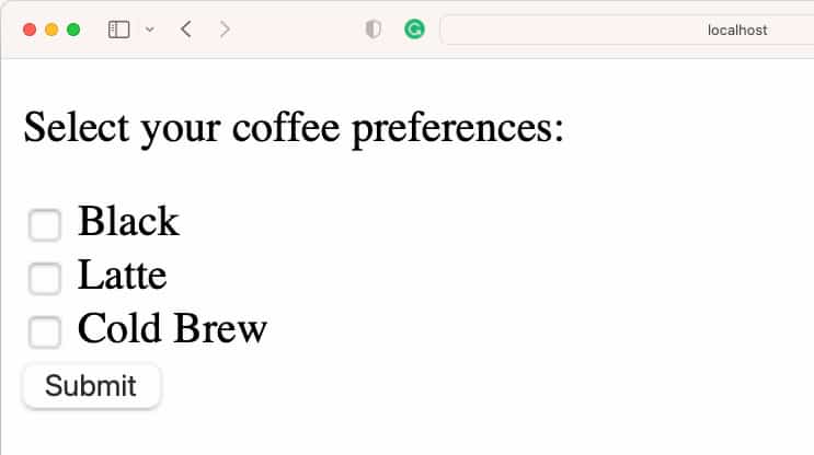 一个带有标题为 "选择您的咖啡偏好" 的清单网页，有三个选项："黑咖啡"；"拿铁"；和 "冷萃"。