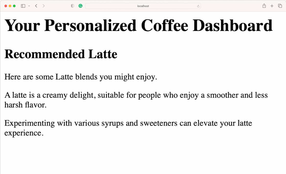 一个网页，标题为 "您的个性化咖啡仪表板"，副标题为 "推荐拿铁"，并推荐您可能会喜欢的拿铁混合咖啡。